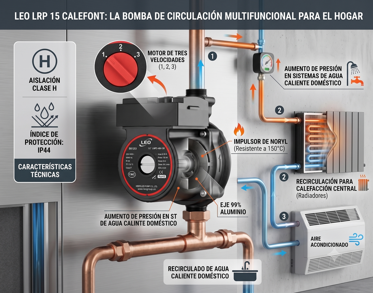 Bomba Recirculadora Calefacción Central 3 Velocidades LEO LRP 15-40B/130 220V (G 1")