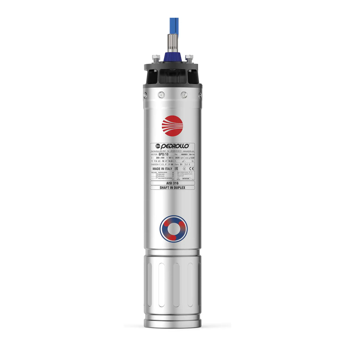 Motor Sumergible Pozo 6" (Eje Acero DUPLEX) 7.5 HP PEDROLLO 6PD/7.5 (380/660V) - Acople NEMA