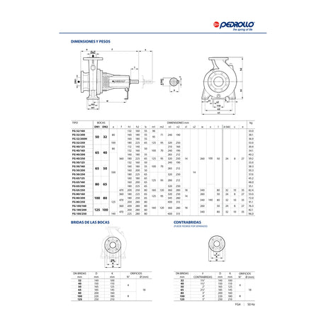 Bomba Centrífuga Eje Libre (Normalizada EN 733) PEDROLLO FG 32/160A - Requiere Motor 4 HP - Brida DN50 x DN32