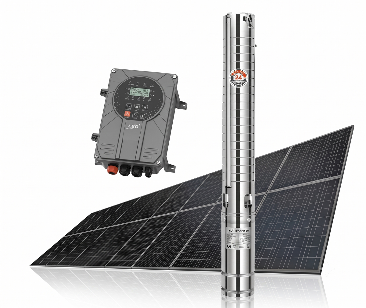 Bomba Solar Sumergible Híbrida 4" 2 HP LEO 4LPY 10.5-83-200-1500 (Incluye Controlador MPPT)